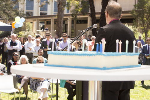 Vice-Chancellor Stephen Parker addressing crowd on UC's 46th birthday celebration