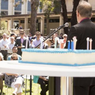 Vice-Chancellor Stephen Parker addressing crowd on UC's 46th birthday celebration