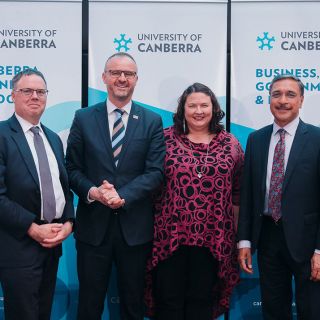 Dr Michael Schaper, ACT Chief Minister Andrew Barr, Head of School Raechel Johns and Professor Deep Saini 