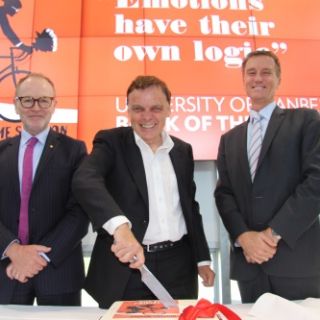 Vice Chancellor Stephen Parker with author Graeme Simsion and Deputy Vice Chancellor (Education) Nick Klomp. Photo: Chris Davis.