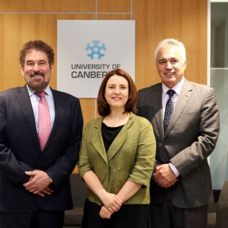 L-R: Pegasystems Founder and CEO Alan Trefler, Deputy Director General of IP Australia Deborah Anton and UC Dean of Faculty of ESTEM, Professor Geoff Riordan