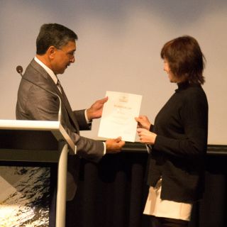 Vice-Chancellor and President Professor Deep Saini with Debi Hamilton, who was named runner-up for the Vice-Chancellor’s International Poetry Prize. Photo supplied.