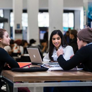 Students sit around laptop