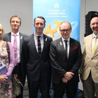  Patricia Easteal, Deputy Vice-Chancellor (Education) Nick Klomp, Lyndon Anderson, Vice-Chancellor Stephan Parker and US Embassy’s cultural affairs officer Jason Frohnmayer.