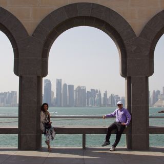 photo of The students enjoying a view of the Qatar skyline. Photo: Scott Bridges