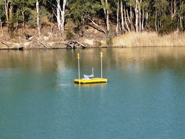 A floating bouy carries equipment and a solar panel to monitor water salinity