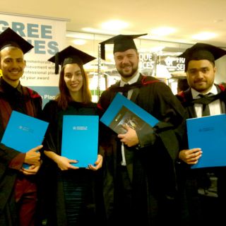 Graphic design graduates Cameron Newton, Robert Hadchiti, Christina Maresca, Nicholas Leventhal, Sam Chookoon and Jordana Sardelich at their graduation ceremony