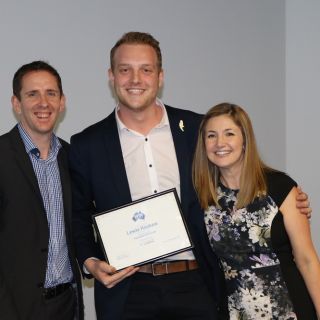 Mr Haskew, winner of the WIN New Peter Leonard Schlarship for Journalism 2018, flanked by WIN News NSW News Director Rob Beaumont and WIN Chief of Staff Donna Acioli. 