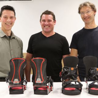 Eddi Pianca, Ben Wordsworth and Bill Shelley with the adjustable team binding designed by the University of Canberra