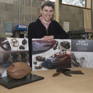 Industrial design graduate Dylan White with the projects he presented to the DIA