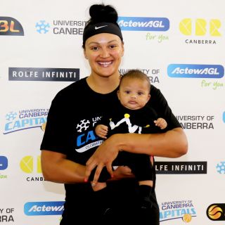 Mistie Bass and her new son Braven have arrived in the ACT ready for the University of Canberra Capitals 2017/18 WNBL pre-season