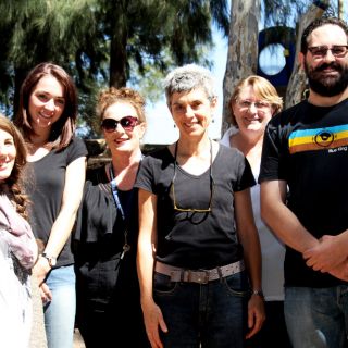 Wiradjuri pre-service teachers Cassie Blewitt and Lucy Johnston and staff Careen Leslie, Carmel Richardson, Kristine Kershaw and Adam Duncan standing outside the preschool