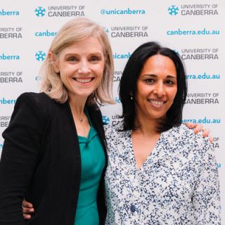 Kate Mason and Sudha Rao pictured at the spring breakfast to rasie funds for cancer research at the University of Canberra