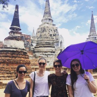 UC students Jamie Anne Davies, Alexandra Madden, Jade Chapman and Harriett Madden visiting the Wat Phra Si Sanphet temple in Ayutthaya, Thailand