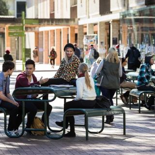 Students gather on the University Concourse sitting and chatting