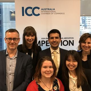 University of Canberra students and coaches at the ICC Asia-Pacific Commercial Mediation Competition in Melbourne. L-R back: James Judge, Victoria McGinness, Rohail Azhar and Doris Bozin. L-R front: Claire Marron and Tien Pham.