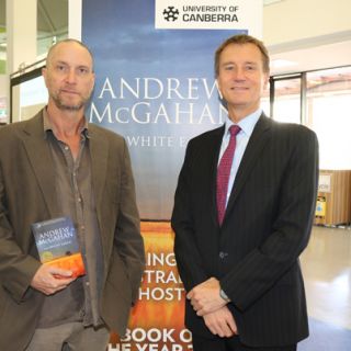 Andrew McGahan and Nick Klomp at the announcement of the 2017 UC Book of the Year