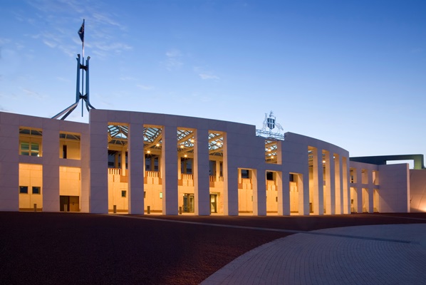 The entrance to Parliament House at night