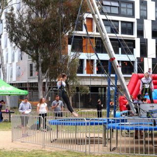 Students enjoy a four-way bungee as part of Stress Less Week at the University of Canberra