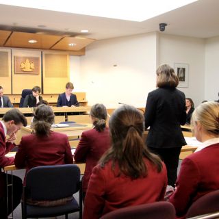 Students from Radford College and Dickson College in the University of Canberra e-court competing in the Capital Region Mock Trial Competition