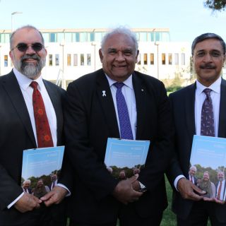 L-R: Dean for Aboriginal and Torres Strait Islander Leadership and Strategy, Professor Peter Radoll, Chancellor Professor Tom Calma AO and Vice-Chancellor and President Professor Deep Saini launch the University’s Aboriginal and Torres Strait Islander Strategic Plan. Photo: Kim Pham